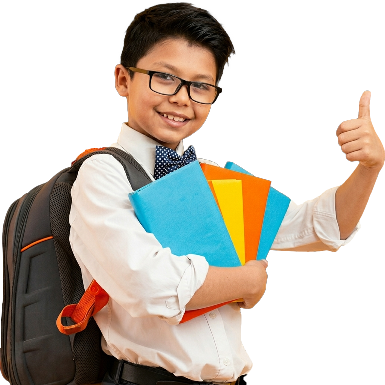 Kid holding a books while his thumbs up